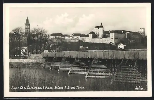 AK Enns, Schloss, Brücke und Stadt Turm