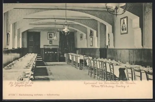 AK Wien-Währing, Pensionat St. Ursula, Gentsgasse 18, Speisesaal, Bausteinkarte St. Angelakirche