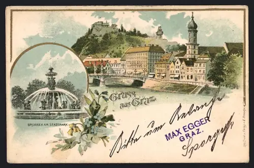 Lithographie Graz, Blick zum Schlossberg, nächtliche Ansicht des Brunnen im Stadtpark
