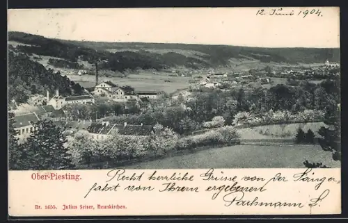 AK Ober-Piesting, Gesamtansicht mit Fabrikschloten aus der Vogelschau