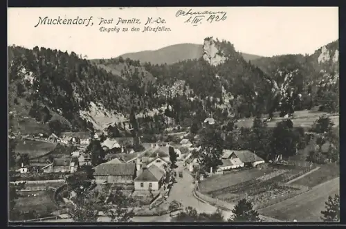 AK Muckendorf bei Pernitz, Totalansicht, Eingang zu den Mirafällen