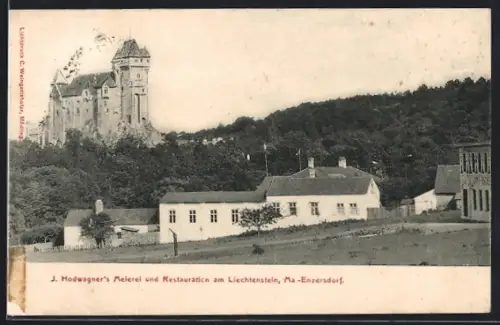AK Ma.-Enzersdorf, Gasthaus J. Hodwagners Meierei u. Restauration am Lichtenstein, Panoramaansicht mit Burg