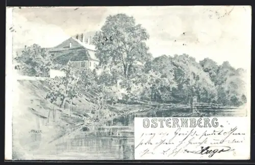 Künstler-AK Osternberg, Gebäudeansicht vom Wasser aus