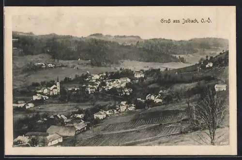 AK Julbach /O.-Ö., Totalansicht mit Feldern von einem Hang aus