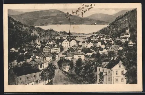 AK Döbriach am Millstättersee, Totalansicht mit See und Bergpanorama aus der Vogelschau