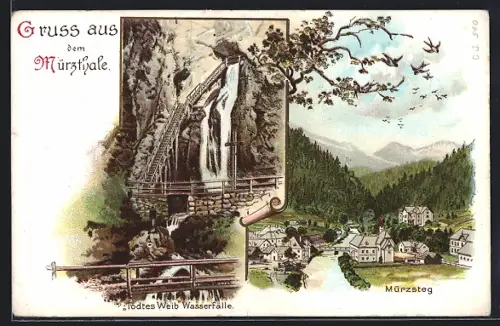 Lithographie Mürzsteg, Todtes Weib Wasserfälle, Teilansicht vom Ort