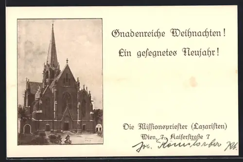 Künstler-AK Wien, Kirche der Missionspriester / Lazaristen, Kaiserstrasse 7, Weihnachts- u. Neujahrsgruss