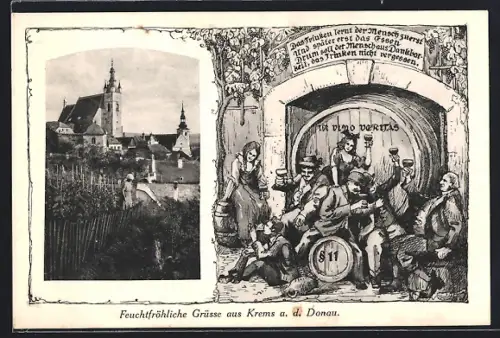 AK Krems a. d. Donau, Ortsansicht mit Weinreben, Trinkgelage, §11