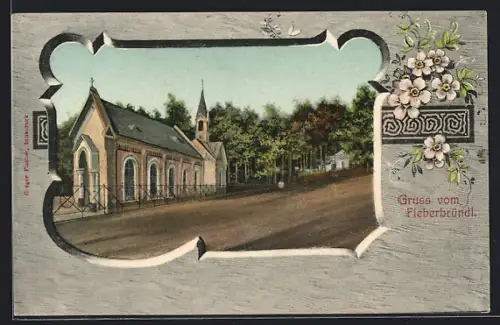 AK Maria-Fieberbründl, Kapelle und Strasse, Ornament-Rahmen mit Blumen