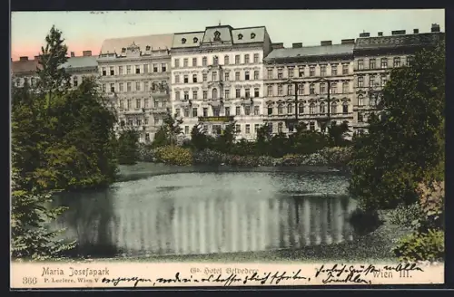 AK Wien, Hotel Belvedere im Maria Josefapark, Ansicht vom Wasser aus