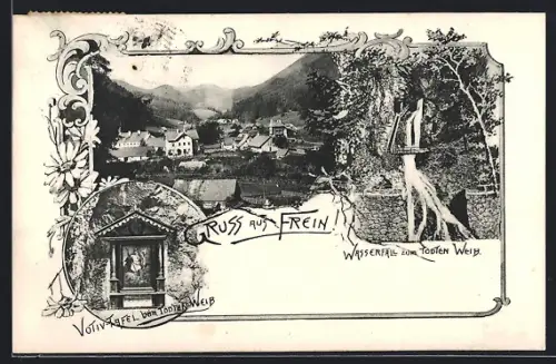 AK Frein / Mürz, Wasserfall zum Todten Weib, Votiv-Tafel beim Todten Weib, Ortsansicht aus der Vogelschau