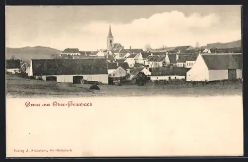AK Ober-Grünbach, Ortspanorama mit Kirche