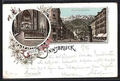 Lithographie Innsbruck, Inneres der Hofkirche, Maria Theresiastrasse mit Strassenbahn, Edelweiss