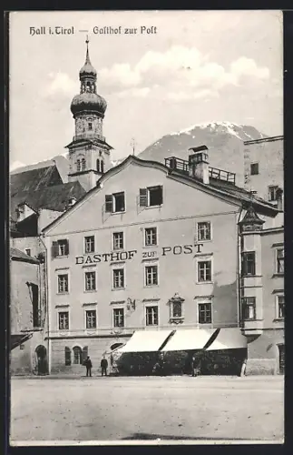 AK Hall i. T., Gasthof zur Post von der Strasse gesehen