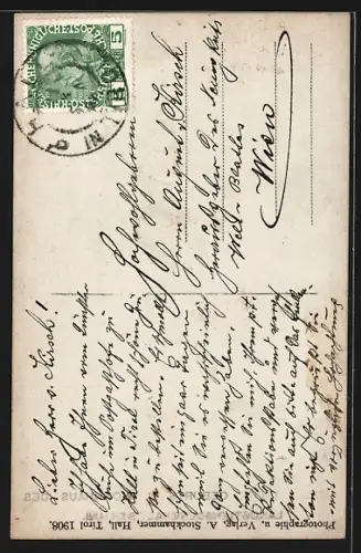 AK Hall in Tirol, Gasthof zur Post / Geburts- u. Wohnhaus des Landsturmgeneral Straub, Kirchturm