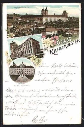 Lithographie Kremsmünster, Eingang in den Prälatenhof, Sternwarte u. Obergymnasium