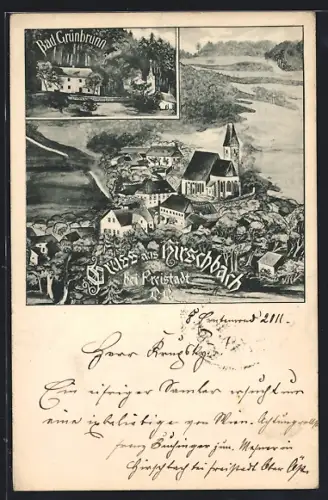 Künstler-AK Hirschbach /O.-Ö., Bad Grünbaum, Totalansicht aus der Vogelschau