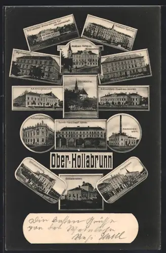AK Ober-Hollabrunn, Badeanstalt, Knaben-Volks- u. Bürgerschule, K. K. Amtsgebäude