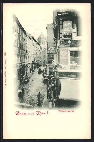 AK Wien, Fleischmarkt, Strassenpartie mit Geschäften und Turm