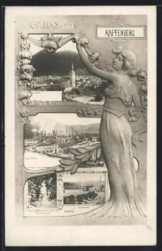 AK Kapfenberg, Böhler-Stahlwerke u. Monument, Ortsansicht, Frauenfigur mit Blumengirlande