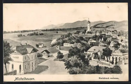 AK Michelhausen, Eisenbahn fährt zum Bahnhof, Ortschaft von oben