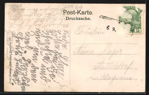 AK Michelhausen, Eisenbahn fährt zum Bahnhof, Ortschaft von oben