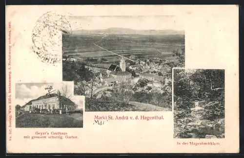 AK St. Andrä / Hagentale, Geyers Gasthaus, Hagenbachklam, Totalansicht aus der Vogelschau