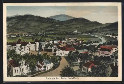 AK Judenau bei Tulln, Totalansicht mit Strasse und Fluss aus der Vogelschau