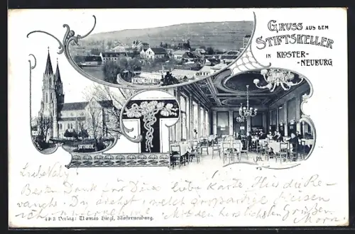 Lithographie Klosterneuburg, Gasthaus Stiftskeller, Kierlingsthal, Stiftskirche