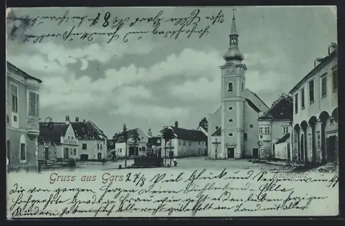 Mondschein-AK Gars, Hauptplatz-Panorama mit Kirche