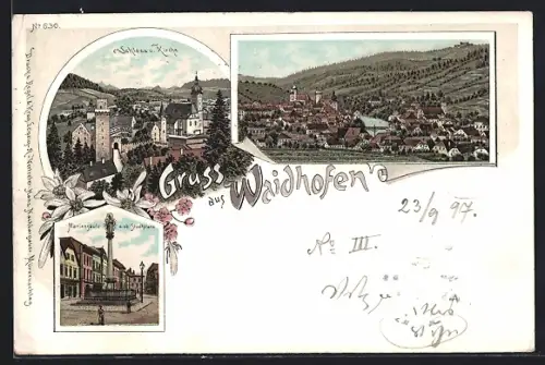 Lithographie Waidhofen, Schloss, Kirche und Mariensäule