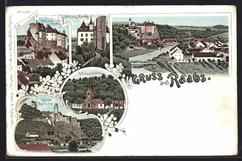 Lithographie Raabs, Schloss, Ruine Koffmitz, Schiessstätte, Ortsansicht