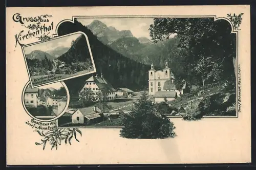AK Kirchenthal, Ortsansicht vom Wechselweg, Ortsansicht mit Kirche, Gasthaus Josef und Anna Egger
