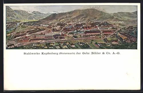Künstler-AK Kapfenberg /Steiermark, Stahlwerke Gebr. Böhler & Co. AG aus der Vogelschau