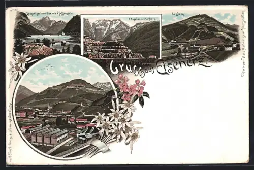 Lithographie Eisenerz, Edaschen am Erzberg, Leopoldsteiner See mit Pfaffenstein, Ortsansicht