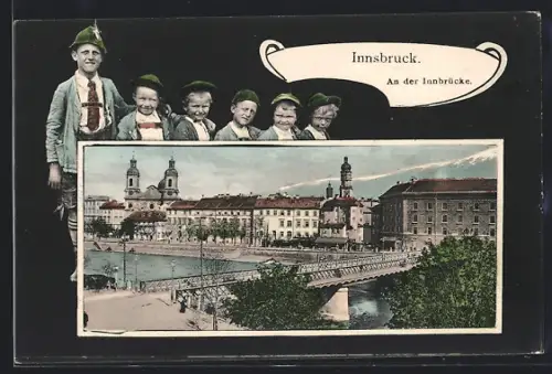 AK Innsbruck, An der Innbrücke, Rahmen, Trachtenbuben