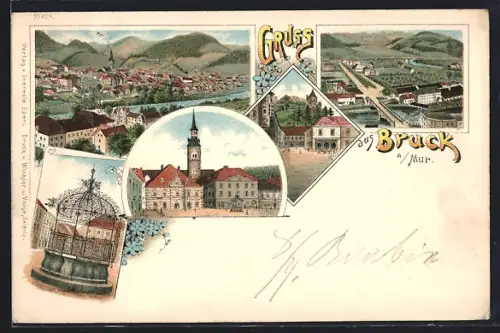 Lithographie Bruck an der Mur, Gesamtansicht, Gothischer Brunnen, Teilansicht