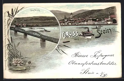 Lithographie Stein / Donau, Uferpartie mit Dampfer, Neue Brücke
