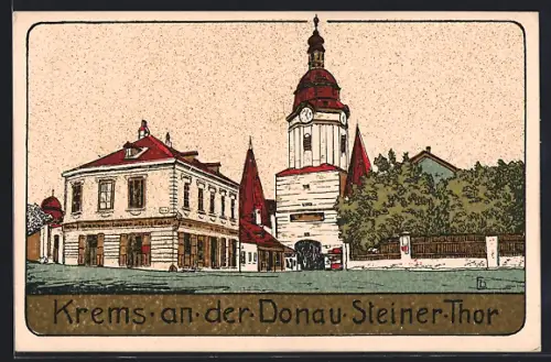 Steindruck-AK Krems a. d. Donau, Steiner Thor, Kirche