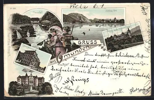 Lithographie Gmunden, Hotel Bellevue, Villa Maria Theresia, Schloss Cumberland