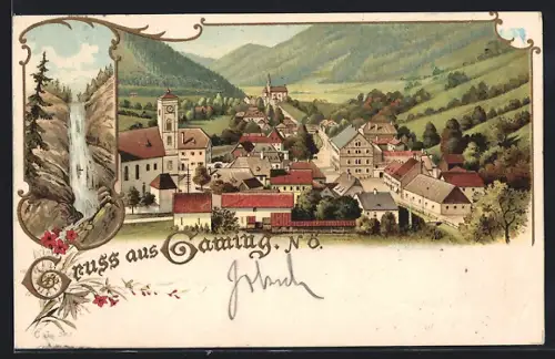 Lithographie Gaming /N.-Oe., Panoramablick auf den Ort und ins Tal, Wasserfall