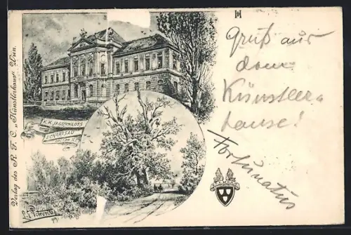 Künstler-AK Eckartsau, Jagdschloss Eckartsau, Landstrasse, Wappen