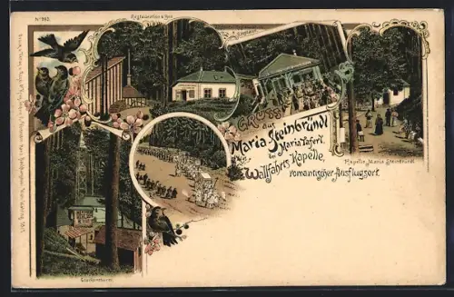 Lithographie Krummnussbaum, Maria Steinbründl, Wallfahrts-Kapelle, Gasthaus, Wallfahrtsprozession