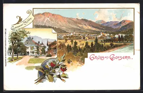 Lithographie Goisern, Goiserer Mühle und Bergpanorama
