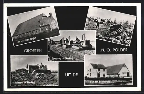 AK Noordoostpolder, Een der Boerderlijen, Diepploeg in Werking, Buldozer in Werking et al
