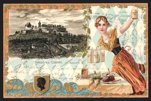Passepartout-Lithographie Coburg, Veste Coburg, bayerische Tracht, Bier und Brotzeit