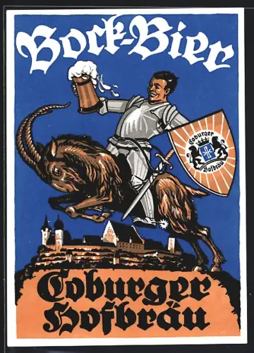 AK Coburg, Bock-Bier Werbung Coburger Hofbräu, Ritter auf Bock, Veste Coburg