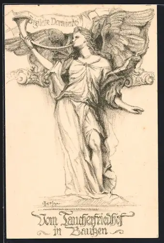 Künstler-AK Bautzen, Taucherfriedhof, Engel mit Fanfare