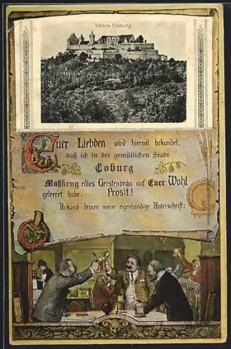 Grusskarten-AK Coburg, Veste Coburg, Biertrinken in geselliger Runde