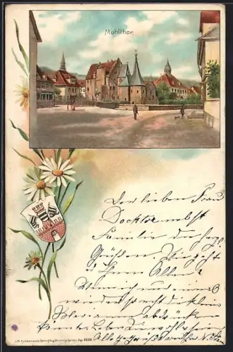 Lithographie Hanau, Mühltor, Passepartout mit Wappen